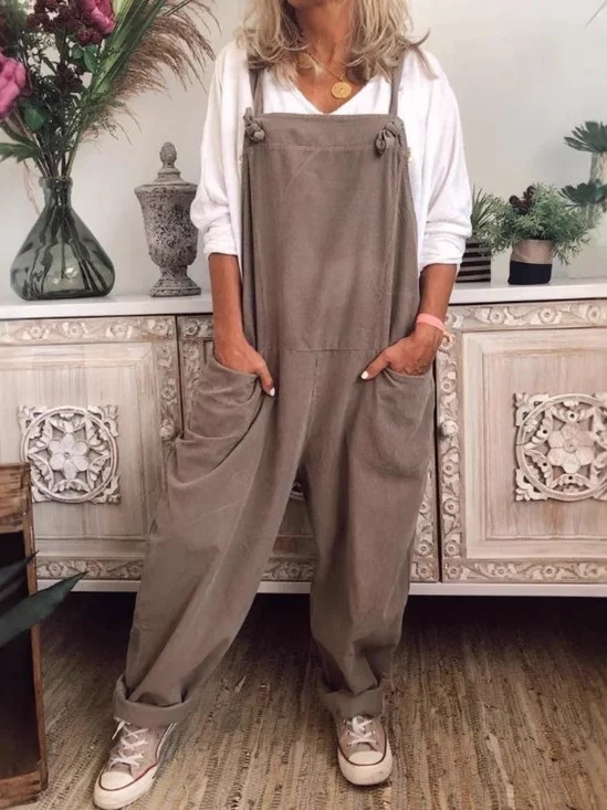 Women Sleeveless Square Neck Long Daily Casual Plain Natural Cami Jumpsuits