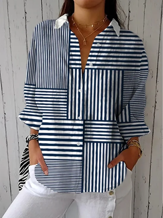 Shirt Collar Three Quarter Sleeve Striped Printing Regular Loose Shirt For Women