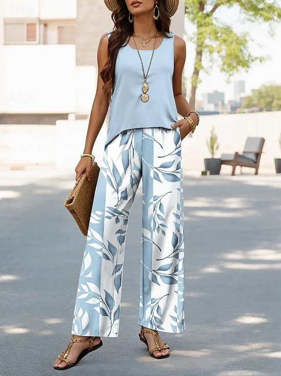 Women Floral Crew Neck Sleeveless Comfy Casual Two-Piece Set