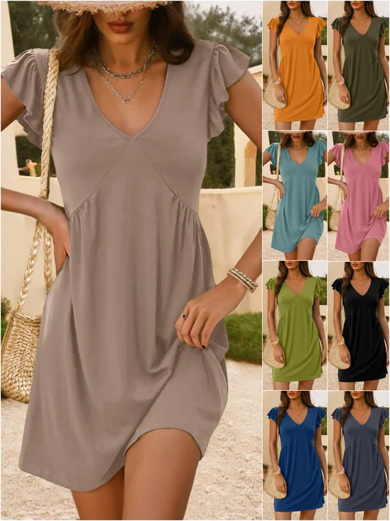 Women Plain V Neck Short Sleeve Comfy Casual Knee Length Dress