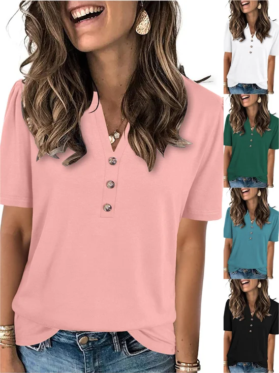 Casual Plain V Neck Short Sleeve T-shirt
