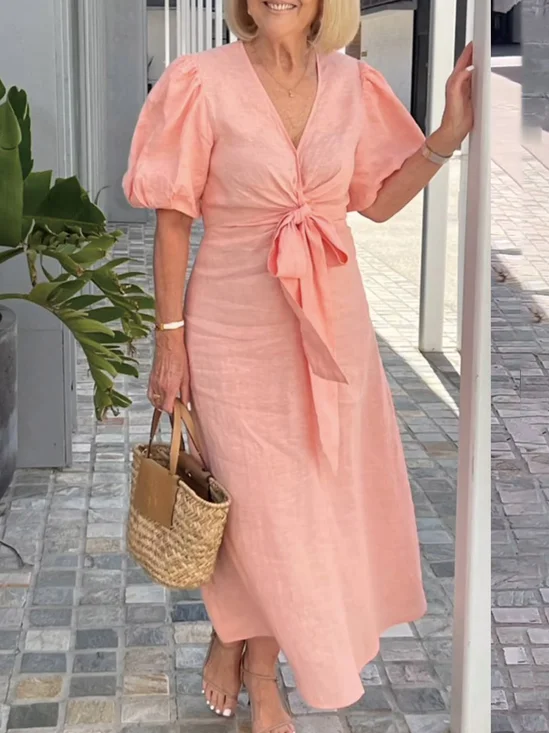 Women Plain V Neck Short Sleeve Comfy Casual Lace-up Maxi Dress