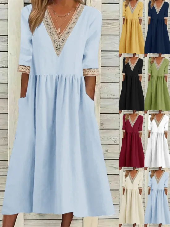 Women Plain V Neck Half Sleeve Comfy Casual Split Joint Maxi Dress