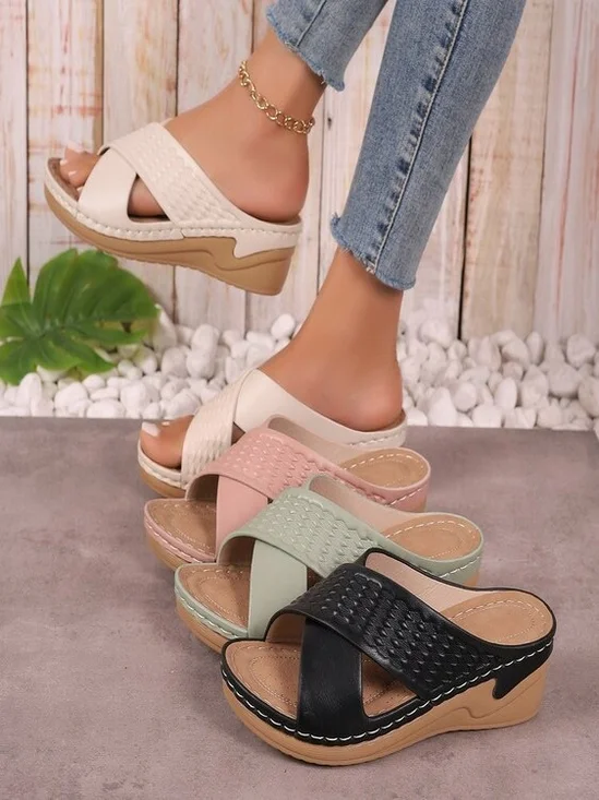 Vintage Plain Breathable Slip On Block Heel Wedge Sandals Hollow Out