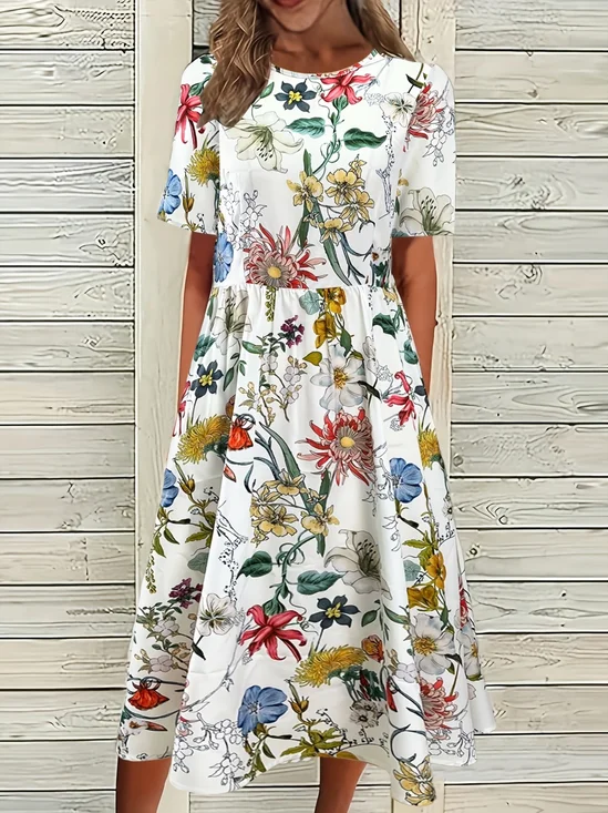 Women Floral Crew Neck Half Sleeve Comfy Casual Printing Maxi Dress