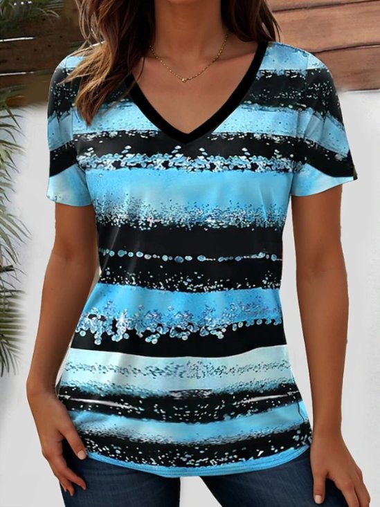 Casual Striped V Neck Short Sleeve T-shirt