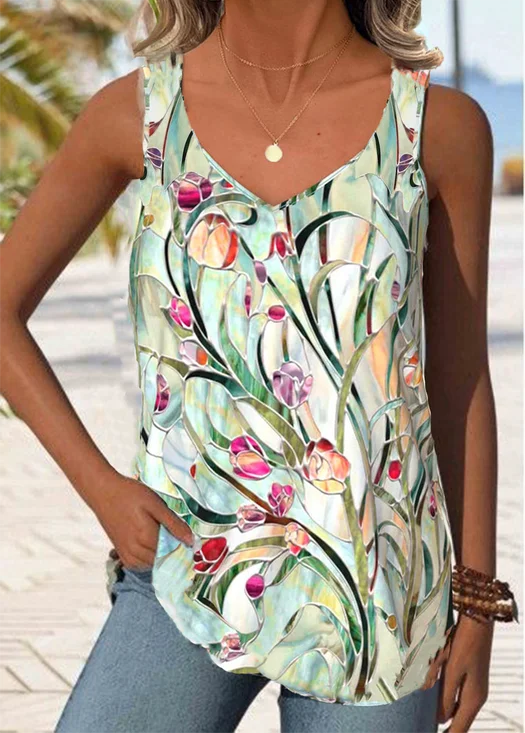 Casual V Neck Floral Tank Top