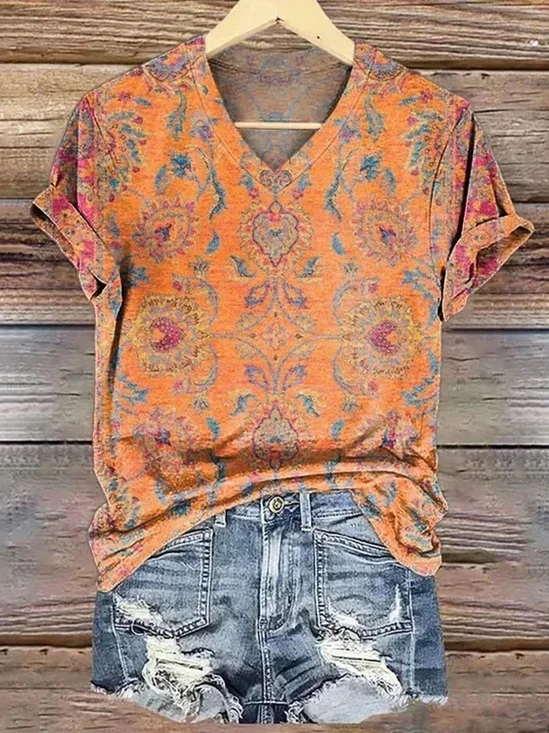 Casual Floral V Neck Short Sleeve T-shirt