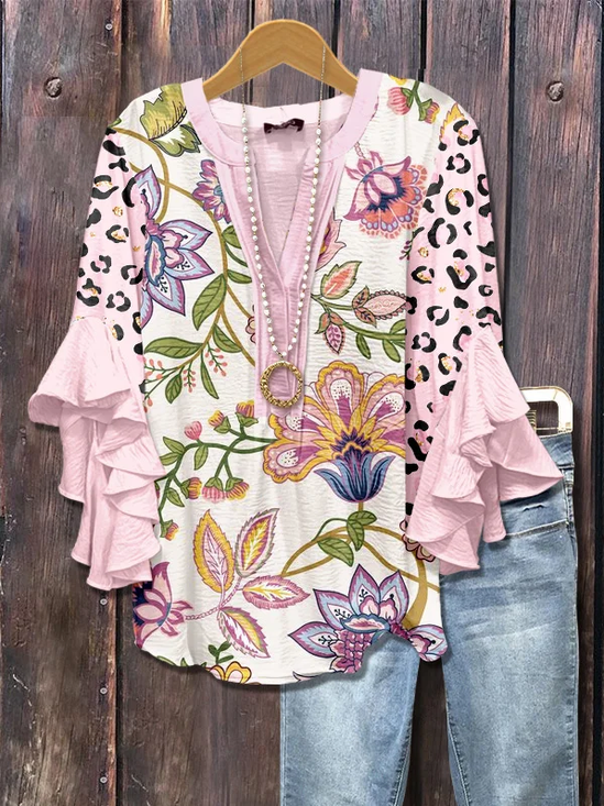 V Neck Half Sleeve Floral Printing Regular Loose Shirt For Women