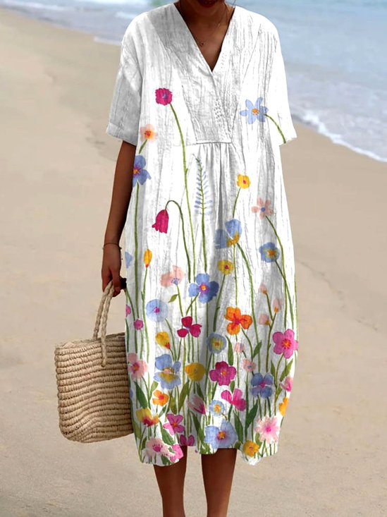 Women Floral Summer Dress V Neck Short Sleeve A-Line Dress