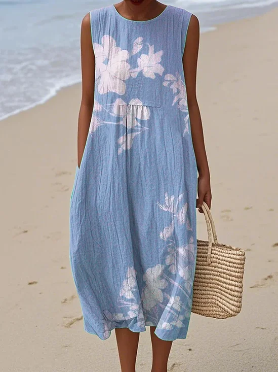 Women Floral Summer Dress Crew Neck Sleeveless A-Line Dress