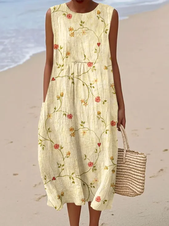 Women Floral Summer Dress Crew Neck Sleeveless A-Line Dress