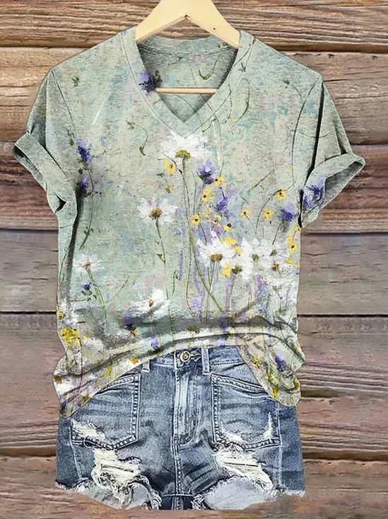 Casual Floral V Neck Short Sleeve T-shirt