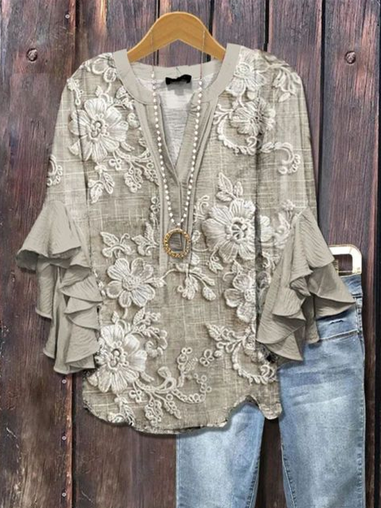 V Neck Half Sleeve Floral Printing Regular Loose Shirt For Women