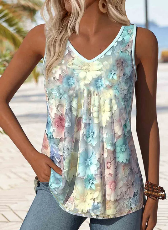 Casual Floral V Neck Sleeveless T-shirt