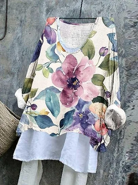Vintage Floral V Neck Long Sleeve T-shirt