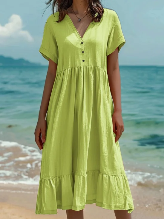 Women Plain Summer Dress V Neck Short Sleeve T-Shirt Dress H-Line Dress