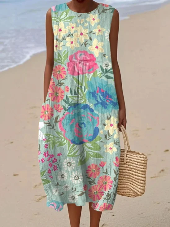 Women Floral Summer Dress Crew Neck Sleeveless A-Line Dress