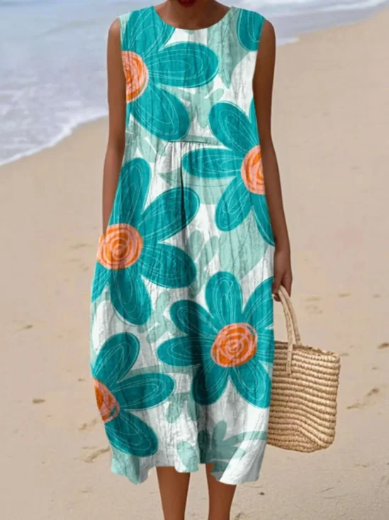 Women Floral Summer Dress Crew Neck Sleeveless A-Line Dress