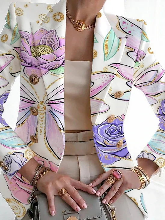 Women Floral Spring/Fall Outerwear Vintage Printing Long Sleeve Shawl Collar Regular Blazer