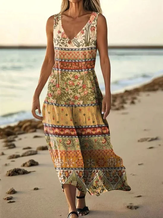 Women Floral Summer Dress V Neck Sleeveless A-Line Dress