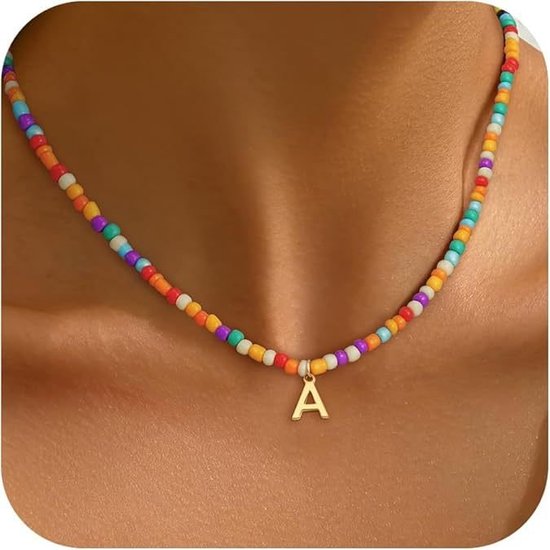 Bohemian style letter pendant dopamine handmade rice bead bead bead necklace
