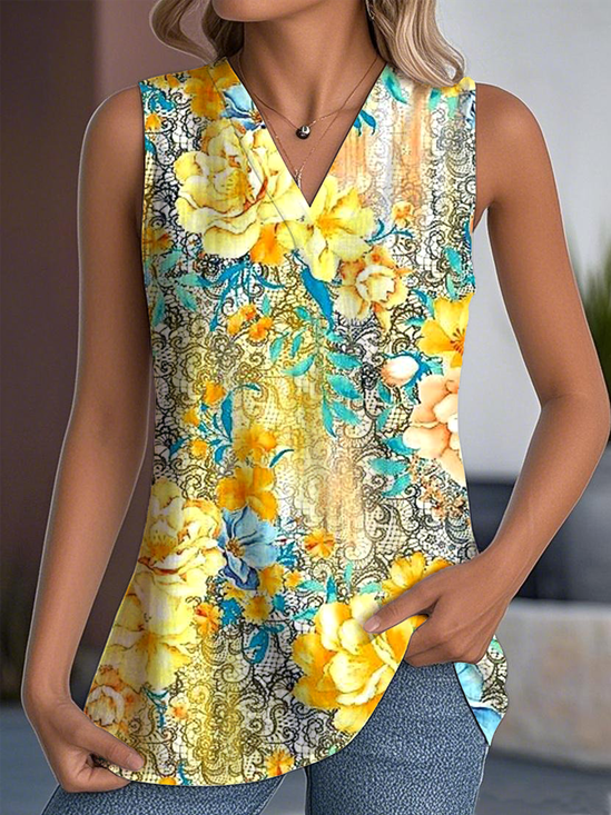 Casual V Neck Floral Tank Top