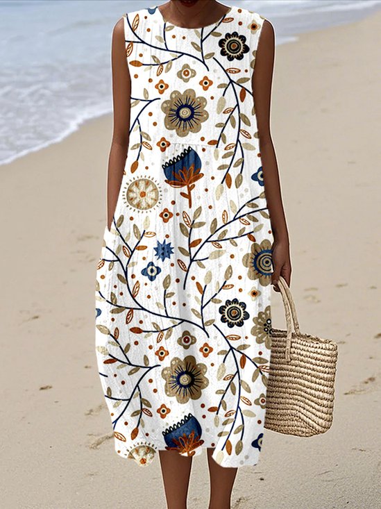 Women Floral Summer Dress Crew Neck Sleeveless A-Line Dress