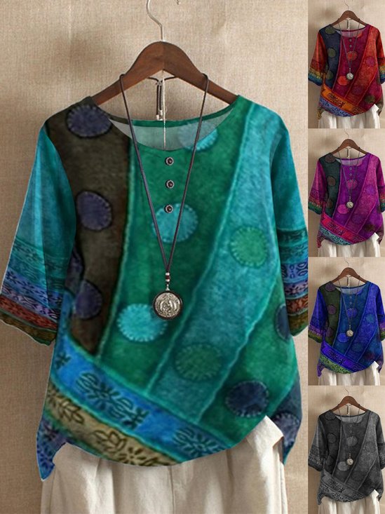 Vintage Geometric V Neck Short Sleeve T-shirt