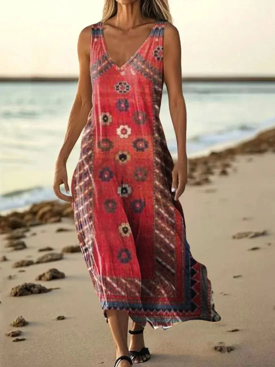 Women Floral Summer Dress V Neck Sleeveless A-Line Dress