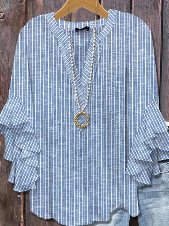V Neck Half Sleeve Striped Regular Micro-Elasticity Regular Fit Blouse For Women