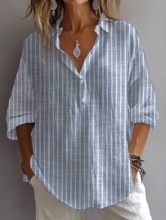Shirt Collar Long Sleeve Striped Printing Regular Loose Shirt For Women