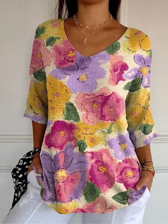 Vintage Floral Crew Neck Long Sleeve T-shirt