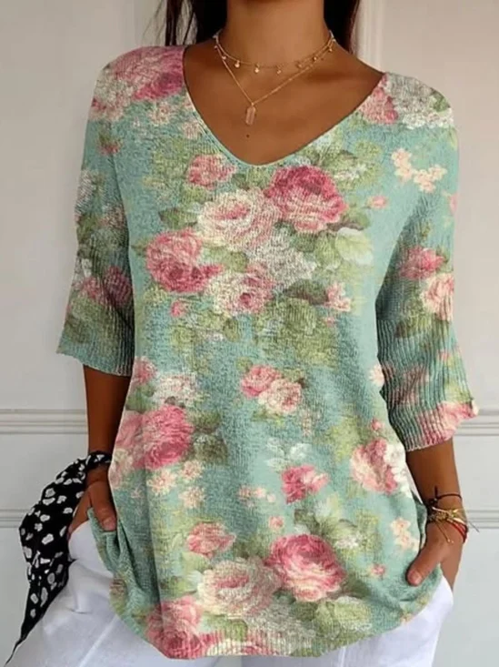 Vintage Floral Crew Neck Long Sleeve T-shirt