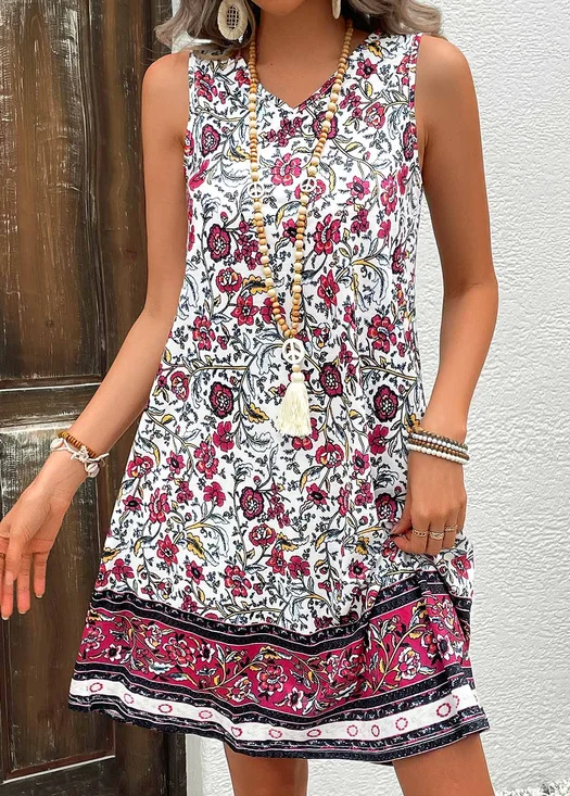 Women Floral Summer Dress V Neck Sleeveless A-Line Dress