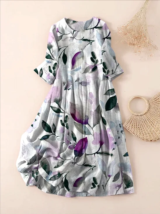 Women Floral Spring/Fall Dress Crew Neck Three Quarter Sleeve A-Line Dress