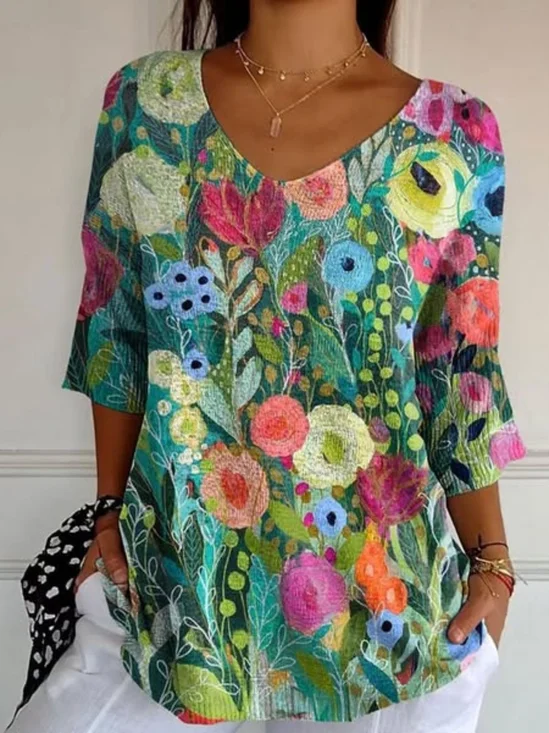 Vintage Floral Crew Neck Long Sleeve T-shirt