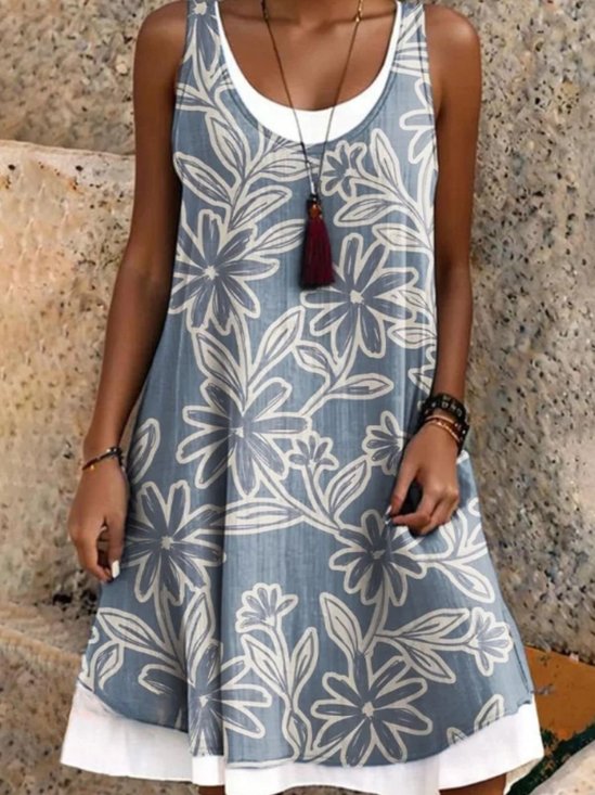Women Floral Summer Dress Crew Neck Sleeveless A-Line Dress