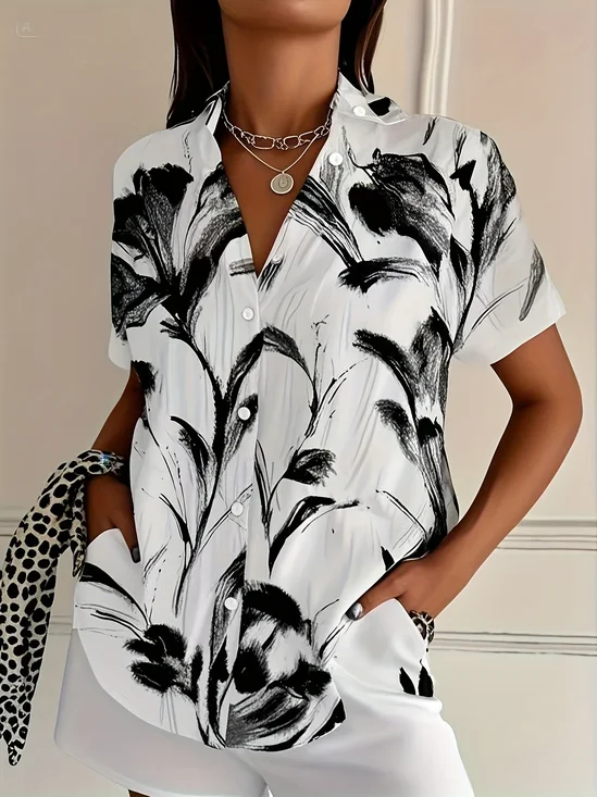 Shirt Collar Short Sleeve Floral Printing Regular Micro-Elasticity Loose Button Up Shirt Shirt For Women