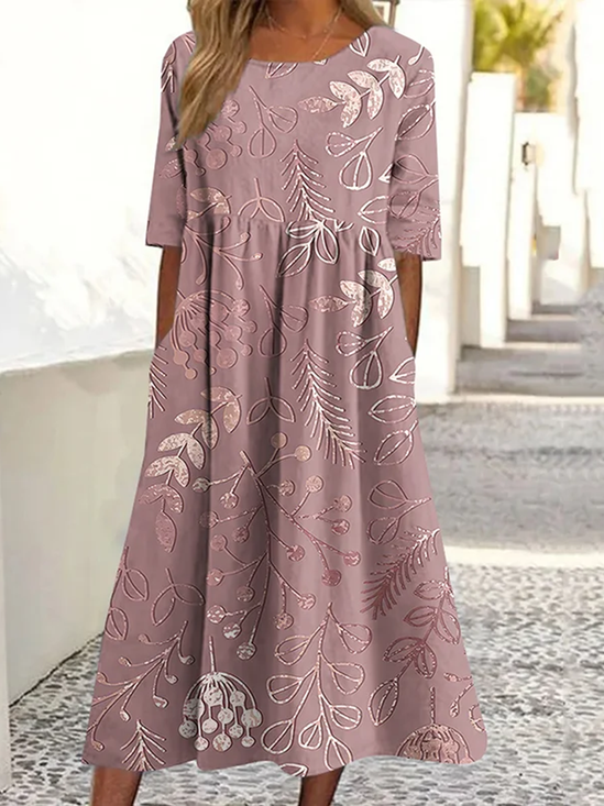 Women Floral Summer Dress Crew Neck Short Sleeve A-Line Dress