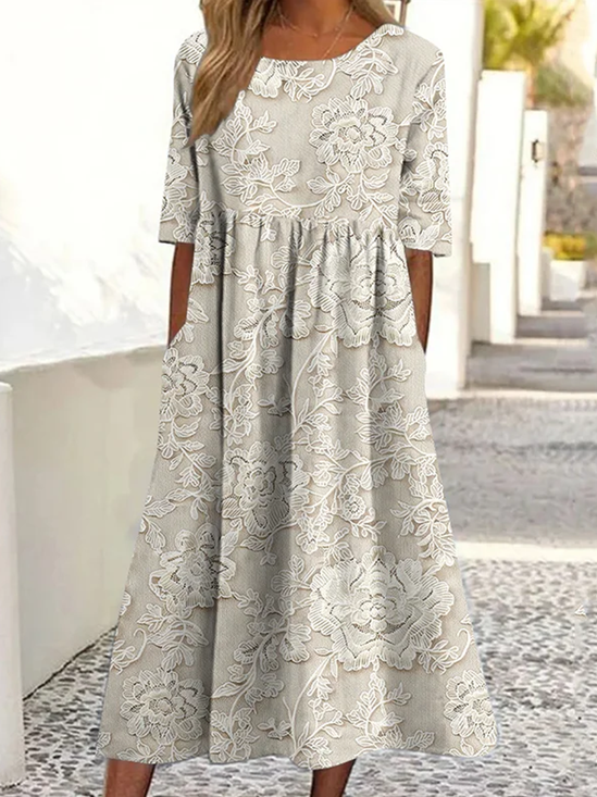 Women Floral Summer Dress Crew Neck Short Sleeve A-Line Dress