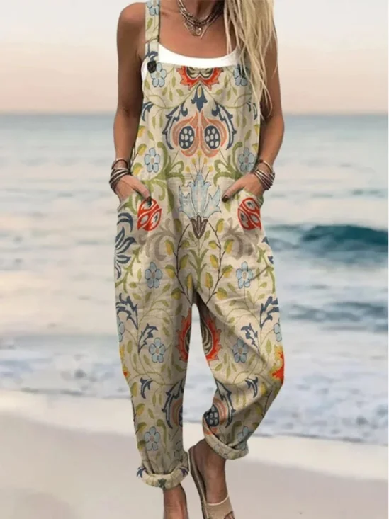 Women Paisley Square Neck Gallus Casual Summer Cotton And Linen Jumpsuit