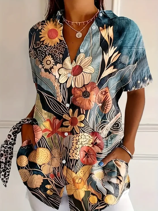 Casual Short Sleeve Floral Printing Loose Button Up Shirt For Women
