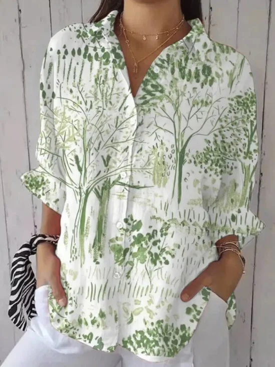 Women's Casual Retro Forest Print Cotton Linen Shirt