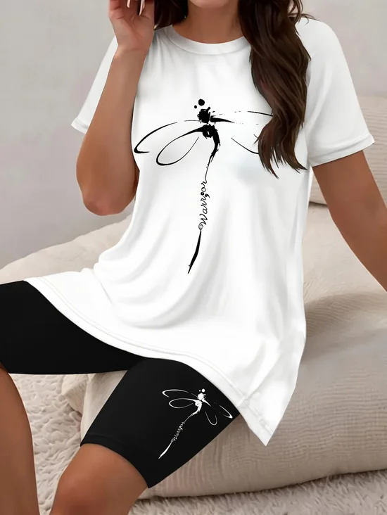 Women Dragonfly Printing Two-Piece Set Daily Short Sleeve Casual Summer Top With Pants Matching Set
