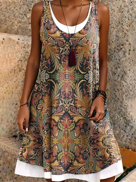 Women Floral Summer Dress Crew Neck Sleeveless A-Line Dress
