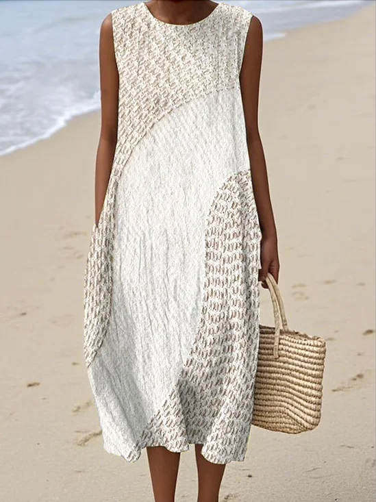 Women Geometric Summer Dress Crew Neck Sleeveless A-Line Dress