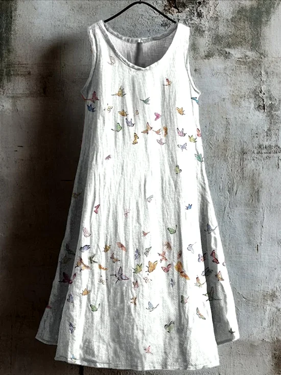 Women Floral Summer Dress Crew Neck Sleeveless A-Line Dress