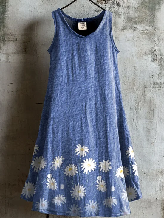 Women Floral Summer Dress Crew Neck Sleeveless A-Line Dress