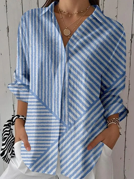 Shirt Collar Three Quarter Sleeve Striped Regular Micro-Elasticity Regular Fit Shirt For Women
